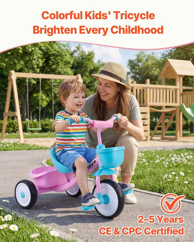 Toddler Tricycle for 2-5 Year Old, Kids Trike with Adjustable Seat, Storage Basket, Carbon Steel Frame, Handlebar Grips for Outdoor Play, Tricycle for