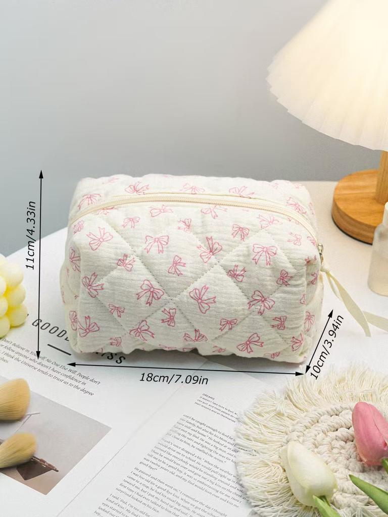 Floral Bow Cotton Makeup Bag, Large Travel Cosmetic Pouch, Flower Print Storage Organizer, Durable & Stylish Design