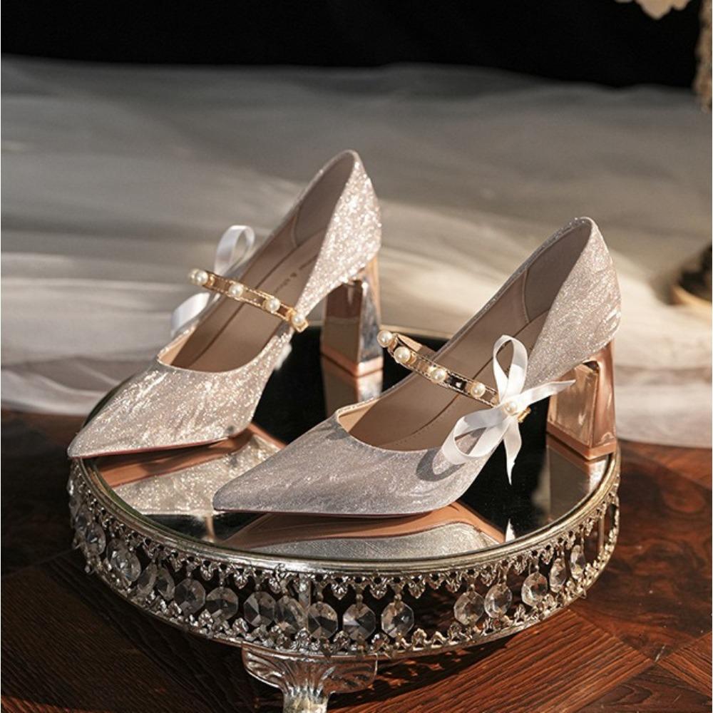 Fashion High Heeled for Women 2025 Spring with Pointed and Thick Heels Women's Shoes with Pearls A Straight Ribbon Perfect for Weddings