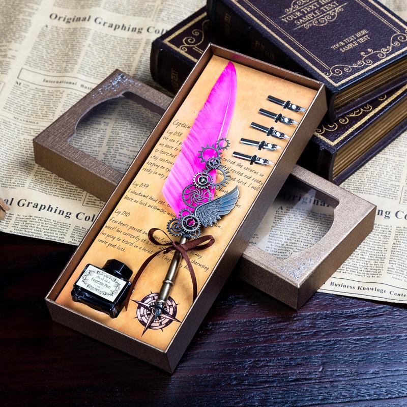 Retro Mechanical Calligraphy Feather Pen and Ink Set Glittering Quill Pen with Antique Dip Pen Metal Calligraphy Set with Ink