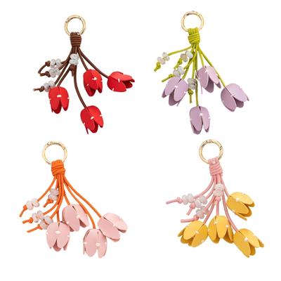 Elegant Tulips Shaped Leather Keychain With Beaded Accent For Bags And Keys Stylish Accessory Gift