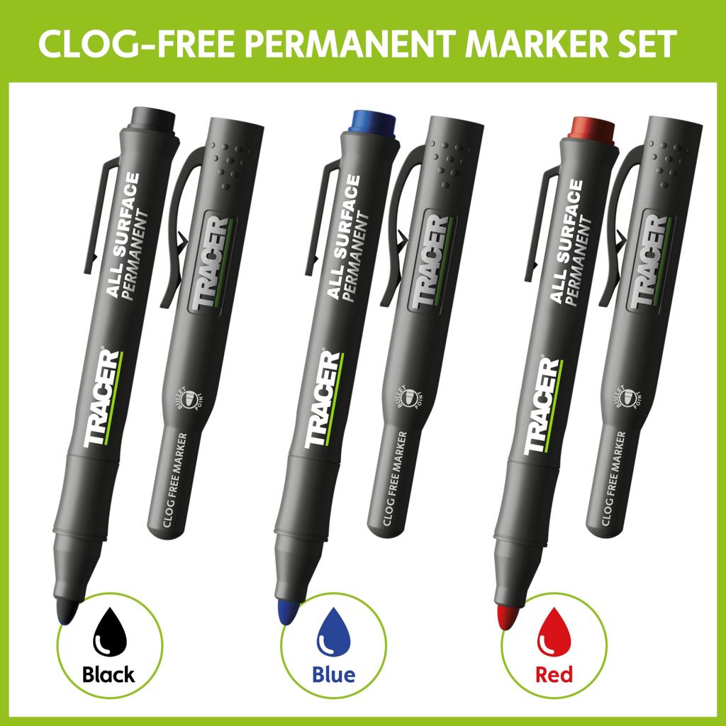 TRACER Clog-Free Construction Marker Kit with TRACER Site Holster (All-Purpose Markers perfect for shiny and dusty surfaces.) - Black, Blue, and Red