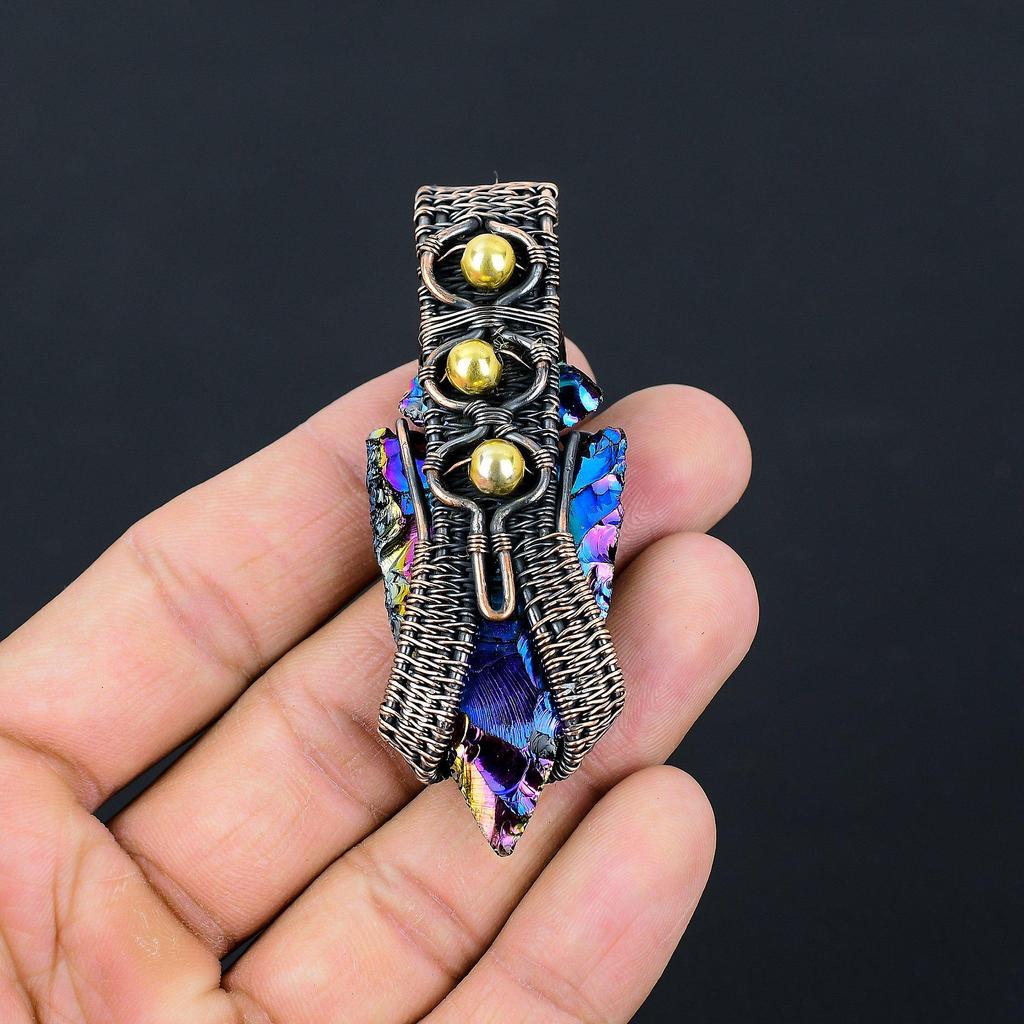 Titanium Druzy Gemstone Pure Copper Wire Wrapped Handmade Jewelry Pendant Gift