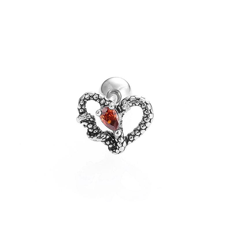 Dark Gothic Stainless Steel Snake Wing Red Zirconia Heart Ear Studs
