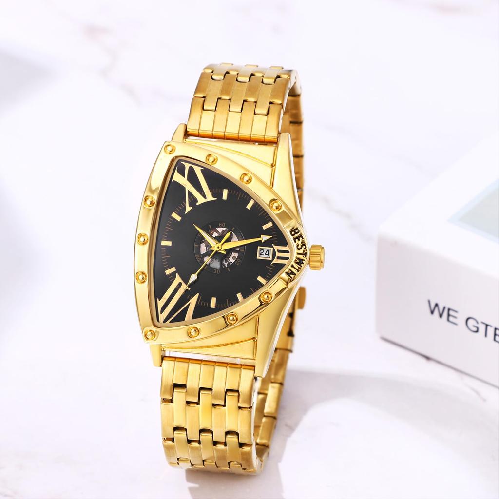 Trekantet Rustfritt Stål Gull Gull Svart Nyttår Armbåndsur, Herre, Vanntett, Regntett, Urskive, Stål, Indeks, Justerbar, Kasse, Rem, Urskive, Kvarts,