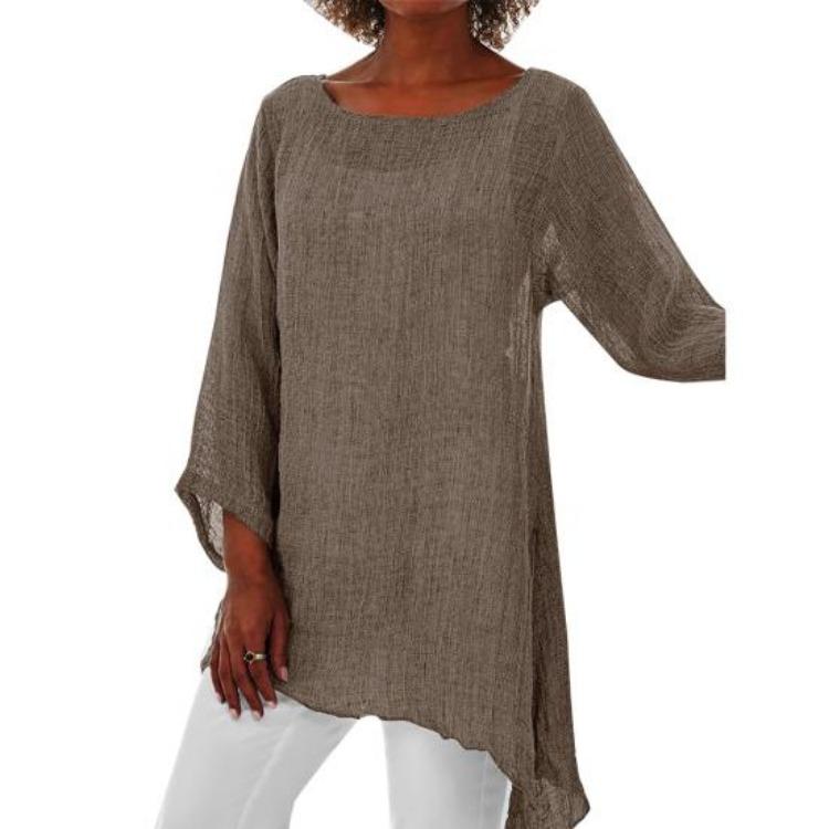Autumn Chic Loose Pullover Blouse Long Sleeve O Neck Irregular Hem T Shirt Women