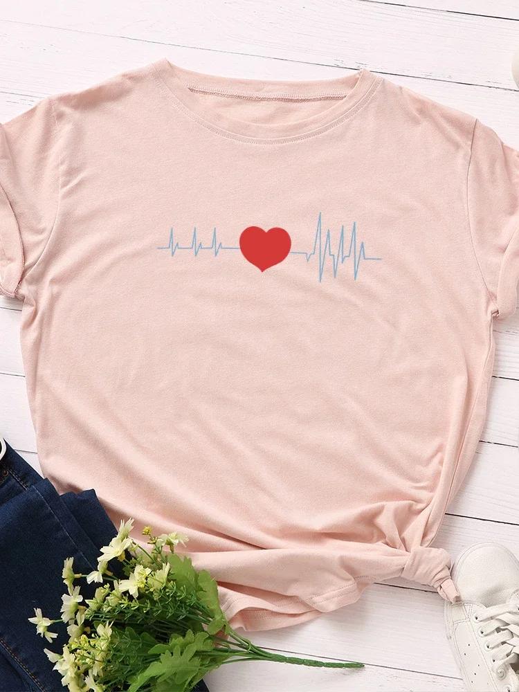 Electrocardiogram Heart Print Women T Shirt Short Sleeve O Neck Loose Women Tshirt Ladies Tee Shirt Tops Clothes Camisetas Mujer