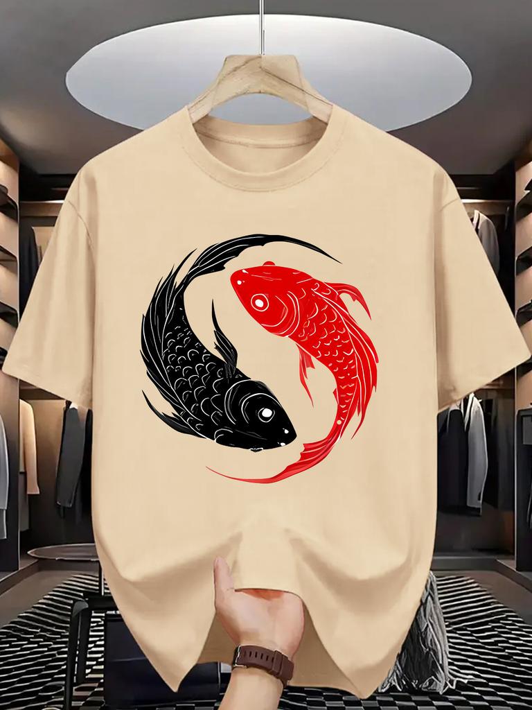 Yin Yang Koi Print Unisex Short Sleeve Tshirt Black And Red Carp Oriental Symbol O Neck Tee Eastern Style Male Street Fashion Tops
