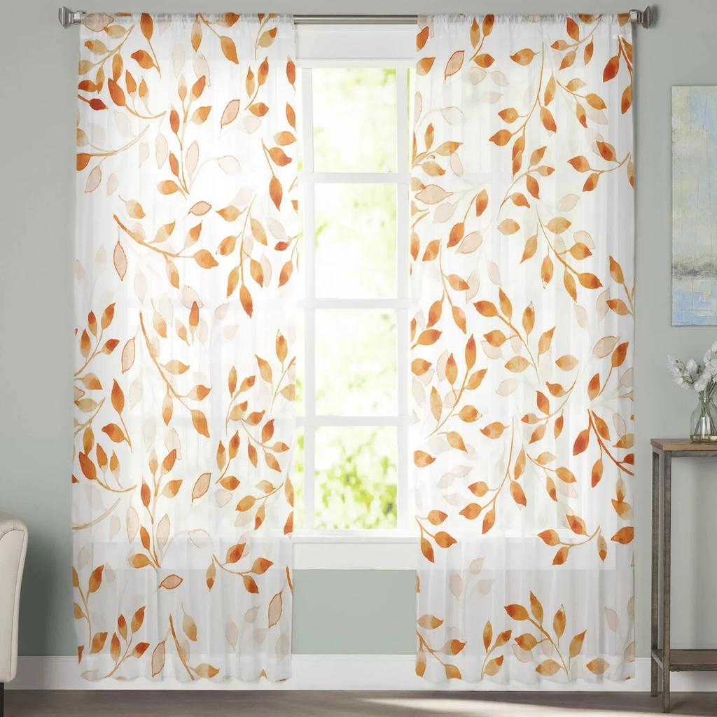 Orange Abstract Plant Leaf Texture Autumn Bedroom Transparent Sheer Curtains Holiday Decoration Window Voile Tulle Curtain