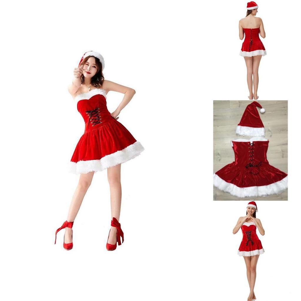Elegant Red Velvet Sexy Women Christmas Fancy Dress Santa Claus Costume Outfit Hat