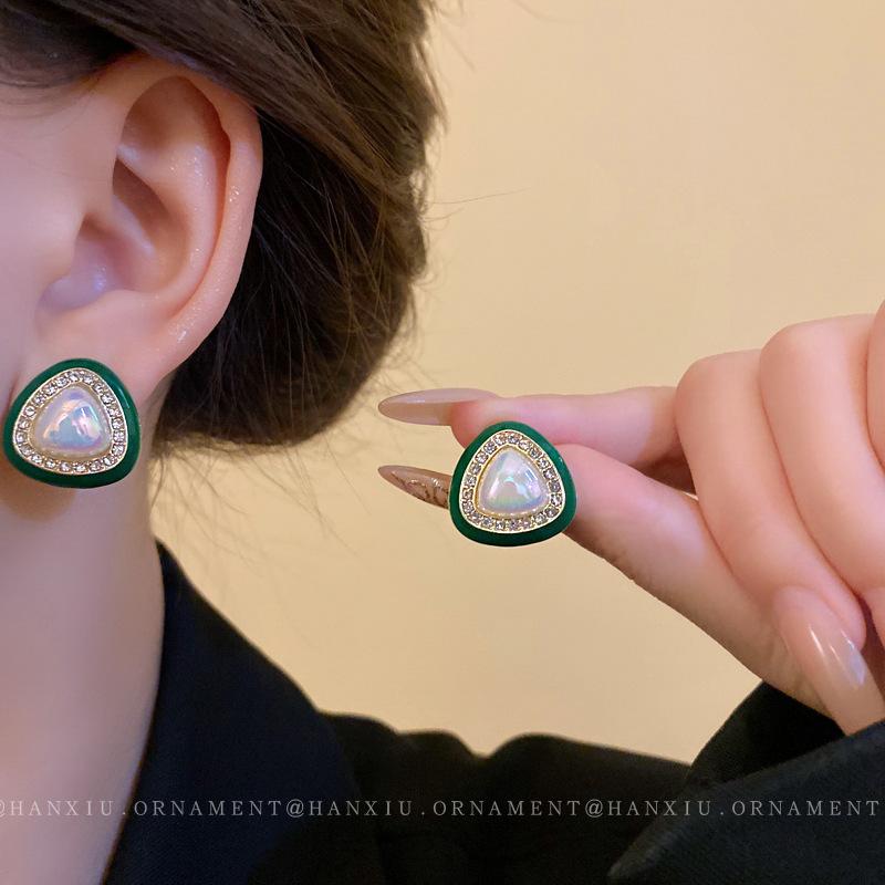 925 Silver Needle Temperament High-end Full Diamond Pearl Earrings Women's ins Wind Geometric Earrings Korean Light Luxury Earrings