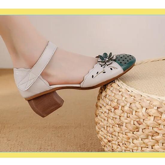 Johnature Ethnic Style Sandals Genuine Leather Thick Heel Flower Mixed Colors Women's Shoes