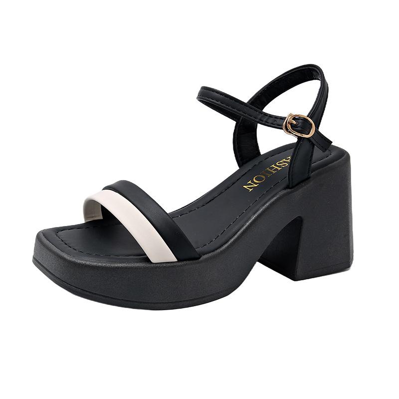Summer new square head hollow one-character buckle style women's thick high-heeled sandals