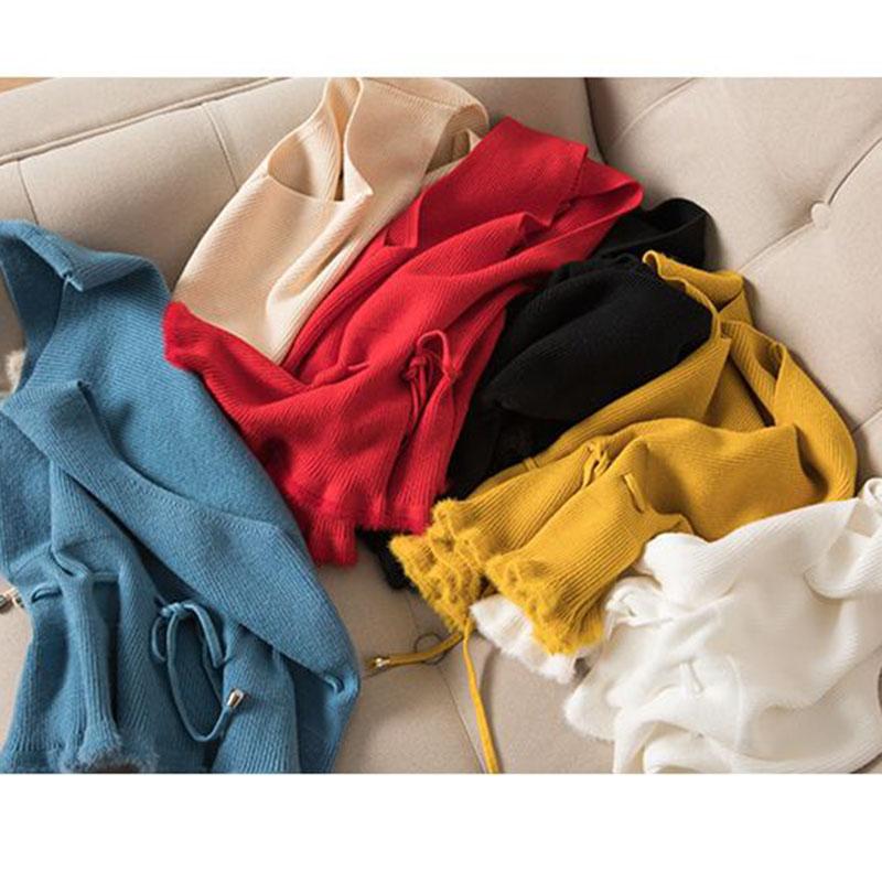 Blue Knit Vest Drawstring Waistband Design Ruffle Hem Sweet Women Pullover Sweater Simple Casual Sleeveless Coat Commuting Fall