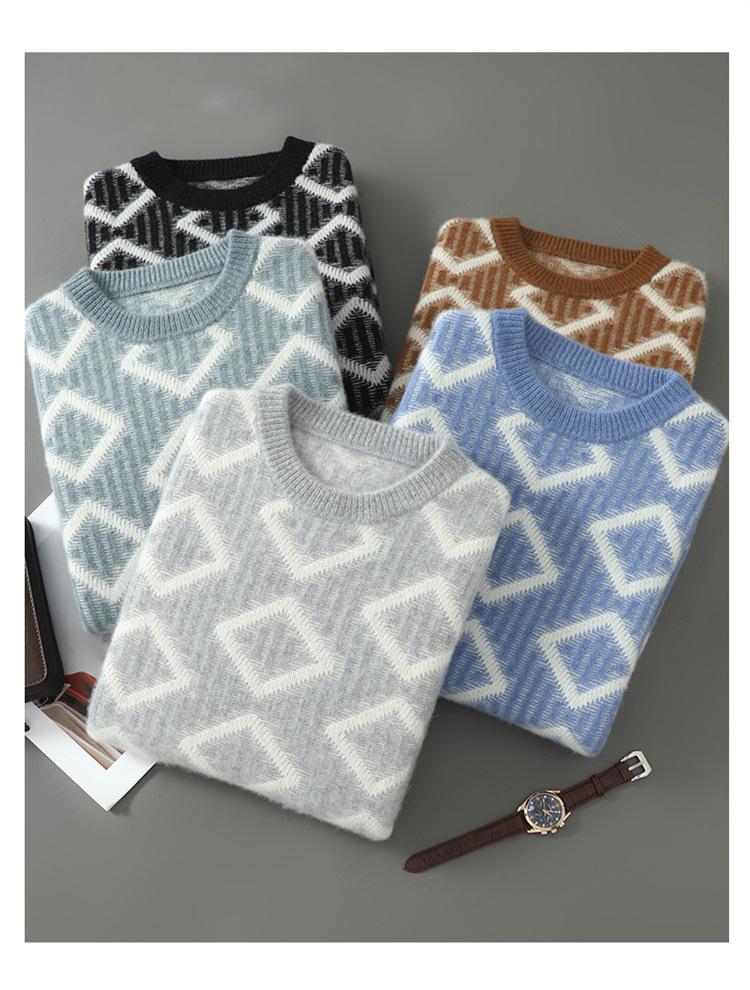 Men's Thick Wool Color Block Sweater - Casual Round Neck Knit Pullover for Autumn & Winter