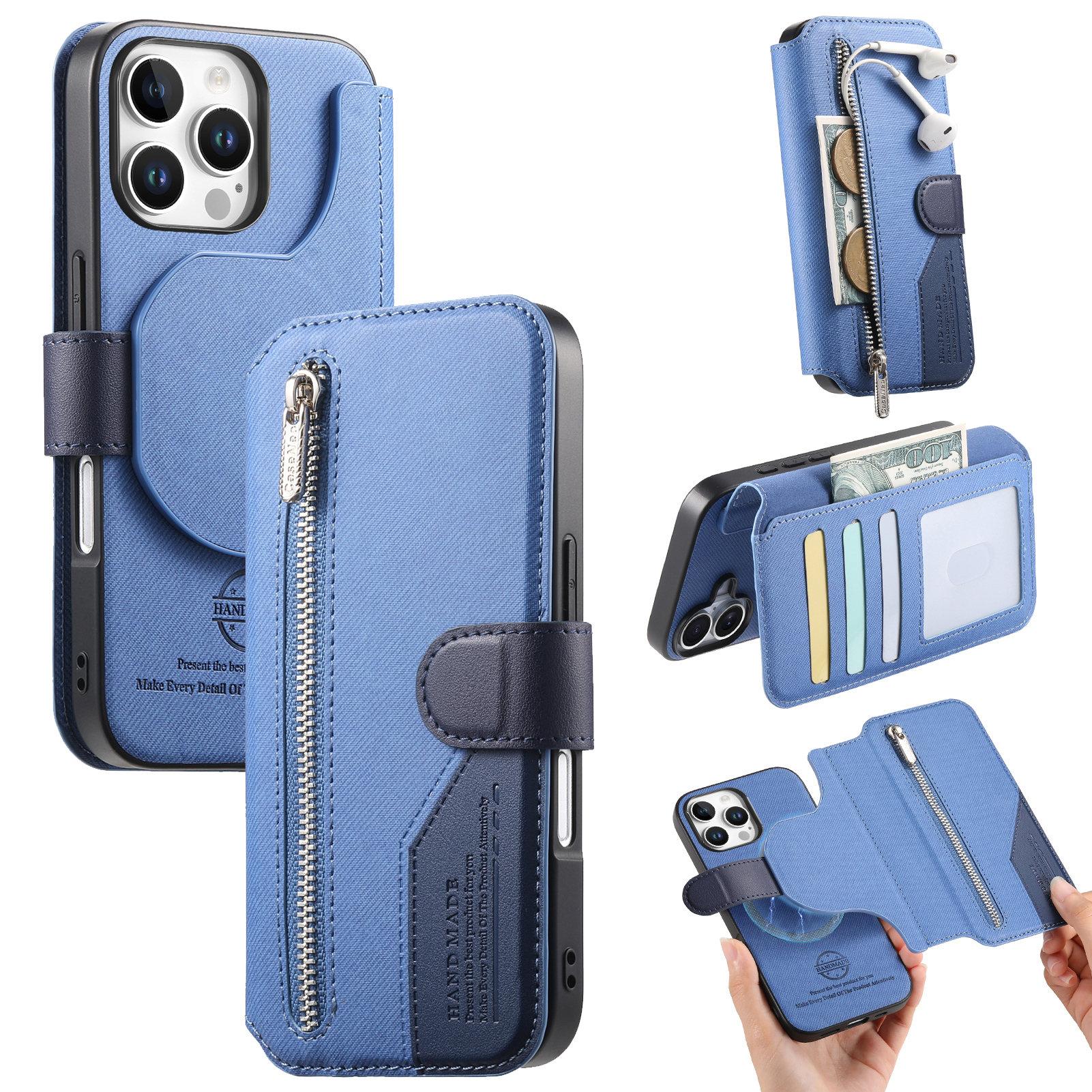 

2 in1 Detachable Zipper Leather Wallet Flip Case For iPhone 16 Pro Max 15 14 13 12 11 16E 16Plus Luxury RFID Stand Book Cover iPhone 15 синий