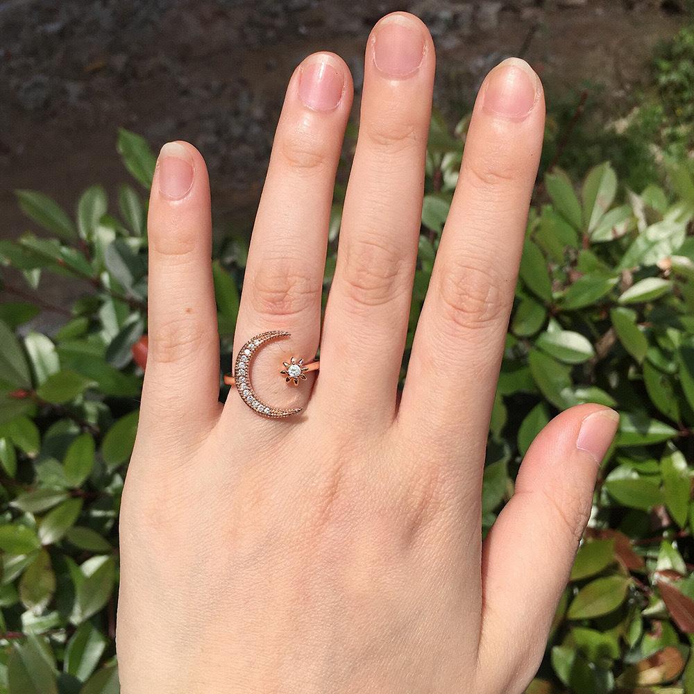 Männer Frauen Ehe Liebe Verstellbarer Ring Halbmond & Stern Weißer Stein Öffnungsring Schmuck