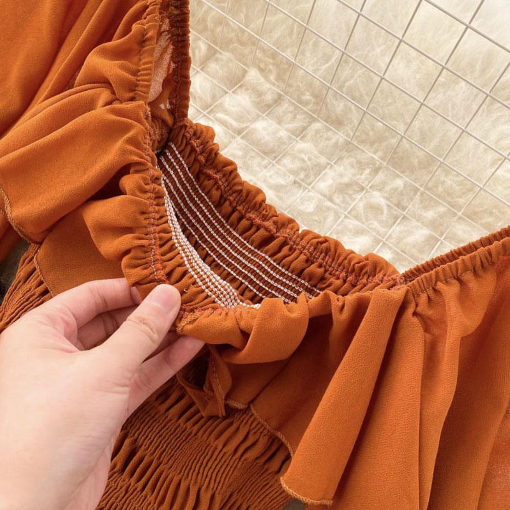 Весенняя женская шифоновая юбка с квадратным вырезом и пышными рукавами во французском — фото 4