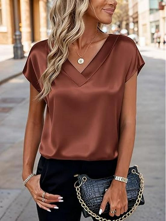 Women's Solid Color Satin V-Neck T-Shirt - Spring/Summer Casual Business Top