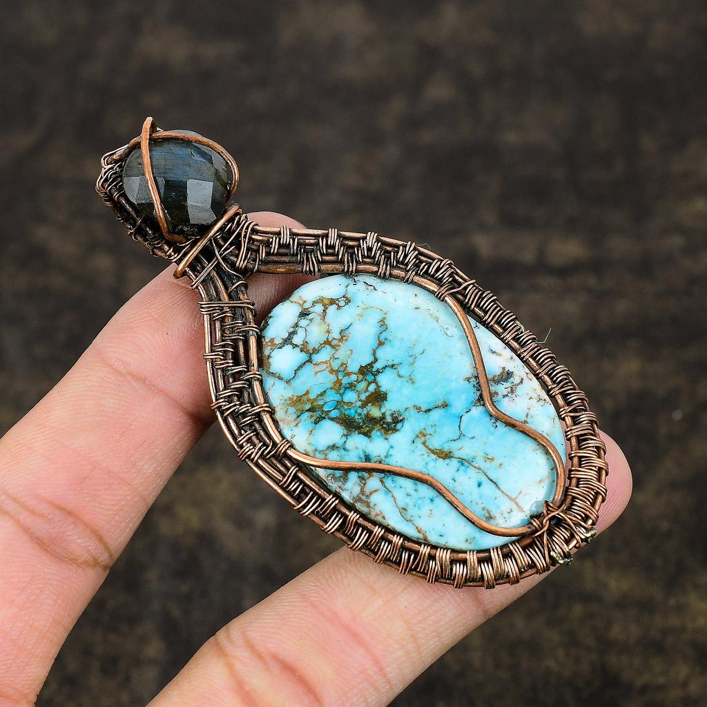 Tibetan Turquoise, Labradorite Copper Wire Wrap Gift Pendant 3.19 J0S25
