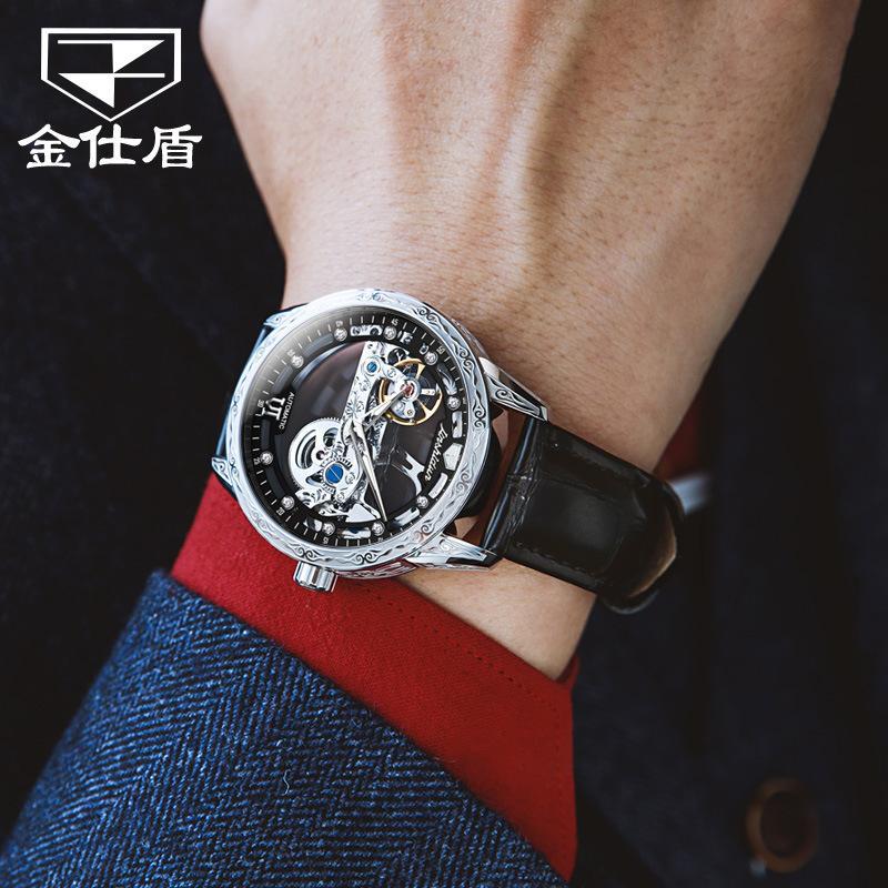 JINSHIDUN New Business and Leisure Men's Watch Fully Automatic Mechanical Watch Perspective Hollow Dial High-end Watch