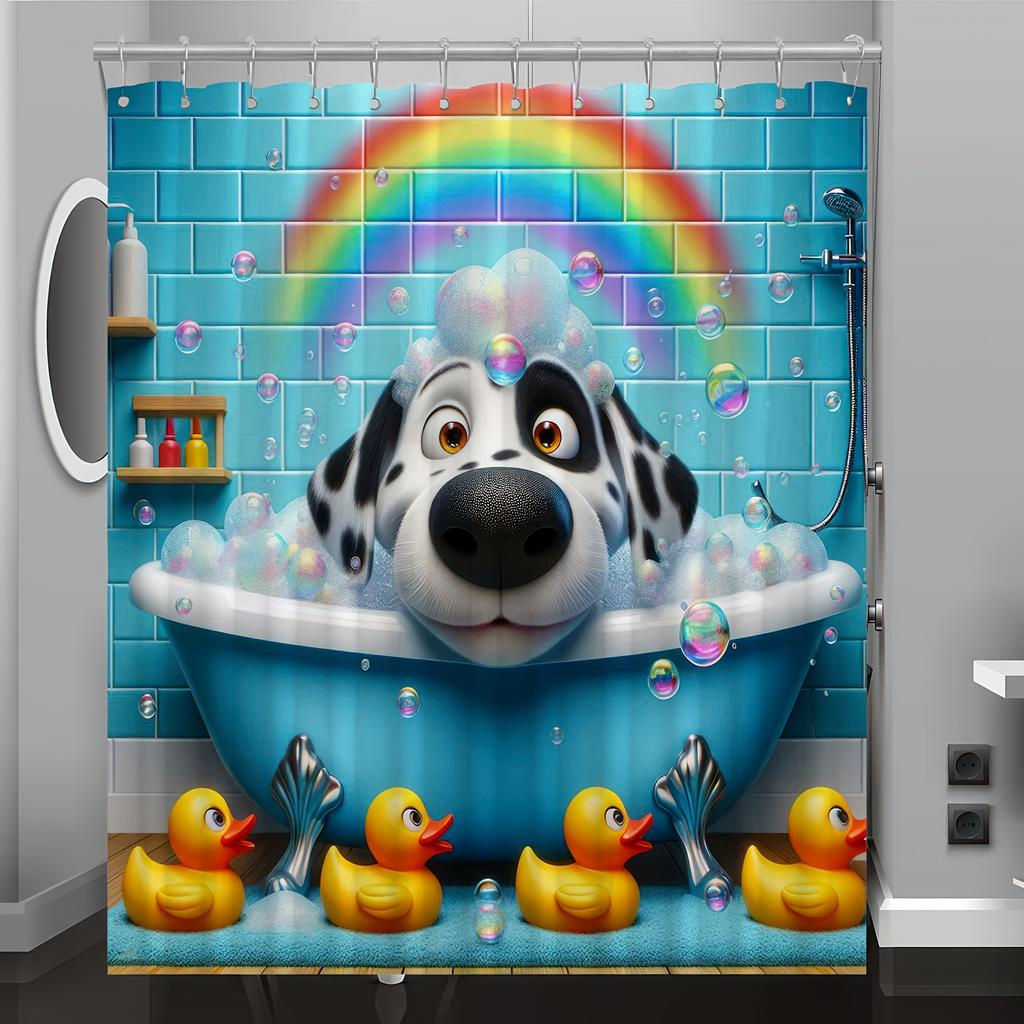 Puppy Bath Cartoon Digital Print Shower Curtain, Free Hook, Machine Washable, Reversible All-Season Polyester Bathroom Decor