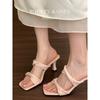 Sheepskin~ Beautiful one-word slippers women's stiletto high heels summer wear open-toed cool slippers