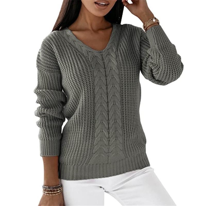 European & American Women's V-Neck Cable Knit Sweater - Long Sleeve Solid Color Casual Pullover Top