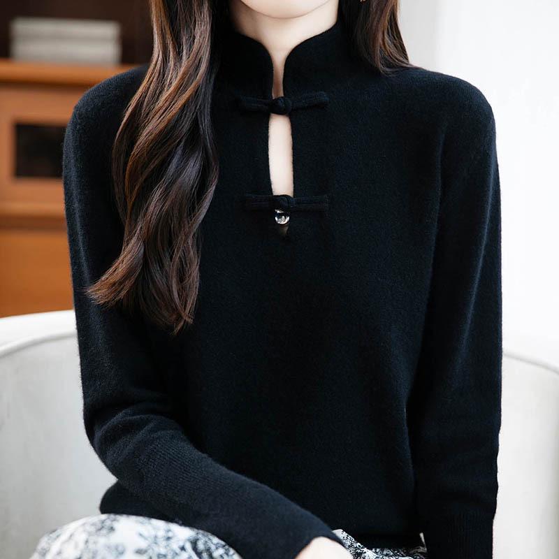 Women's Chinese Knot Button Red Wool Sweater - Autumn/Winter 2025 Collection, Loose Fit, Long Sleeve Knitted Top