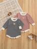 Newborn Cotton Stripe Knit Romper with Bear Embroidery, Color Block, Round Neck & Snap Crotch