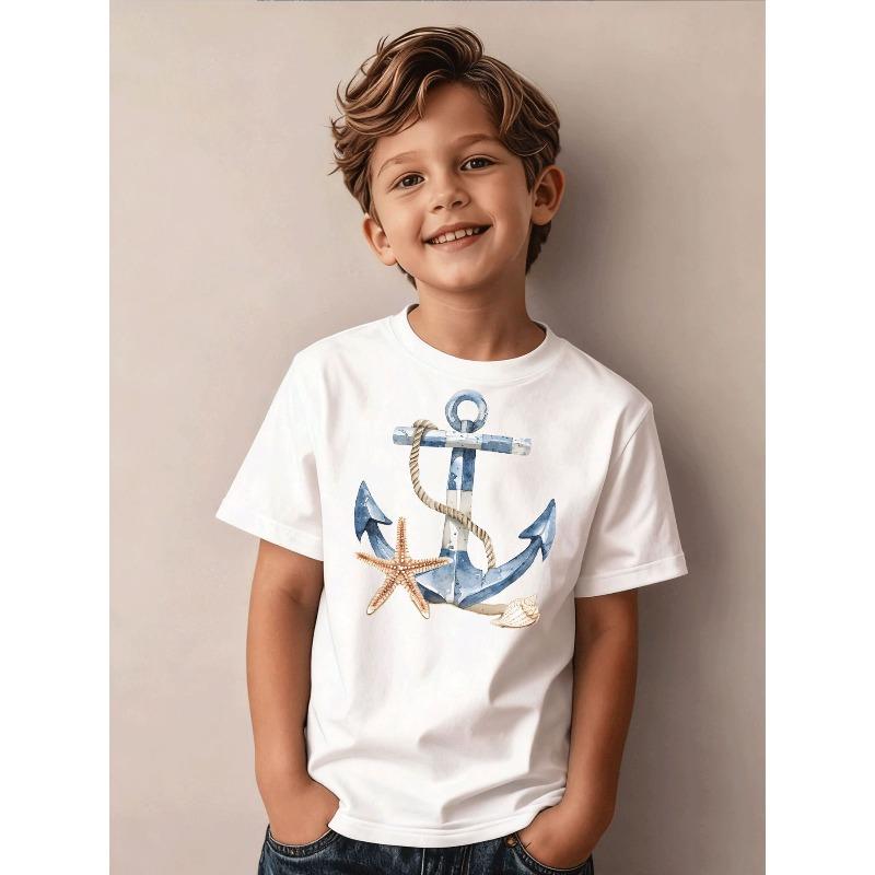 Boys Summer Crew Neck Short Sleeve T-Shirt with Anchor & Starfish Print 110