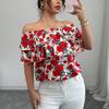 Camisa Oversize de Manga Corta y Un Hombro para Mujer, Estilo Vacaciones de Verano con Cuello Volante en Capas