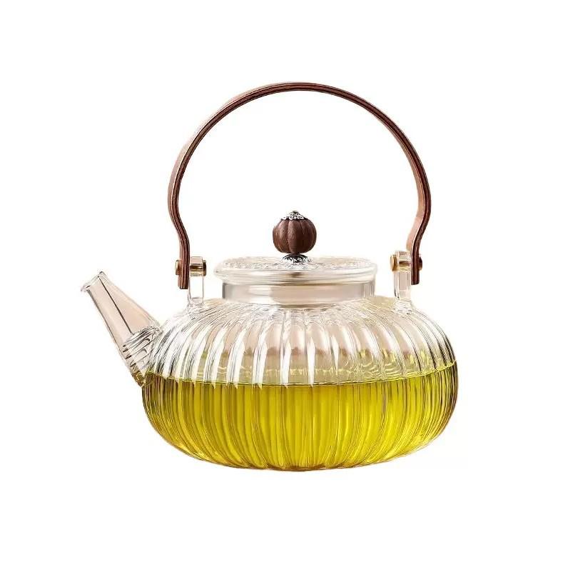 High-Temperature Resistant Pumpkin Glass Tea Set with Striped Design and Tea Infuser