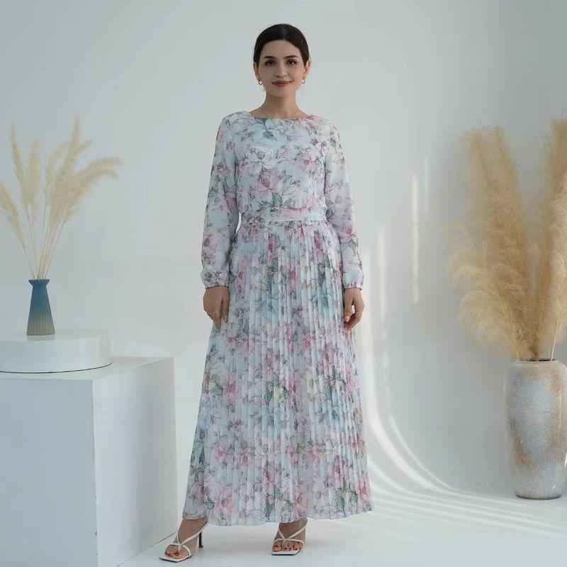 

Middle East New round Neck Print Dress Lace-up Pleat Long dress round Neck Printed Dress Printed 2XL