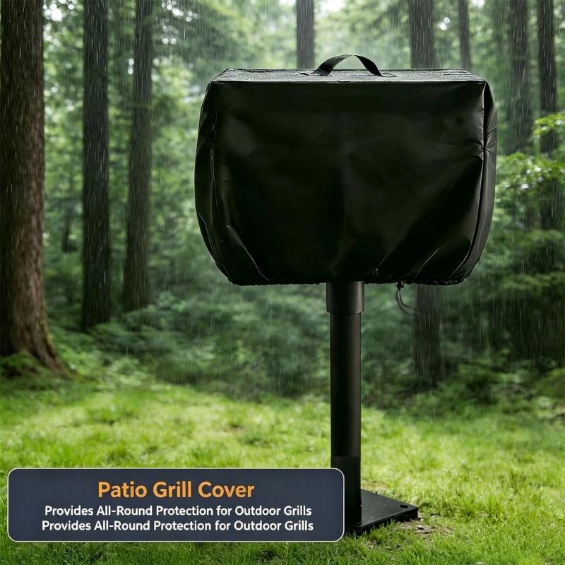 Barbecue Cooker Cover with Drawstring, Fastening Bands, and Top Carry Handle for Convenient Coverage and Handling Between Cooking