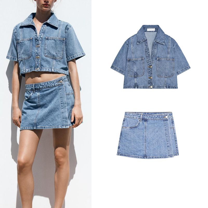 Short Summer Lapel Denim Shirt 1416024 Denim Double Breasted High Waist Casual Culottes 7484062