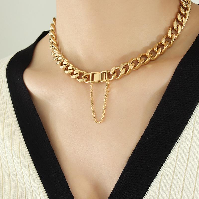 Exaggerated 18K Gold-Plated Titanium Steel Cuban Necklace & Bracelet Set - European/American Hip Hop Style