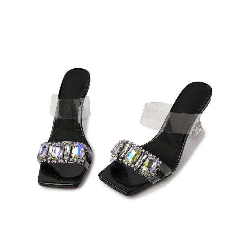 

Летние прозрачные босоножки с открытым носком со стразами и квадратной головкой, женская верхняя одежда, шлепанцы, свадебные туфли на массивном высоком каблуке