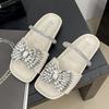 2025 New European Flat-bottomed Bow Rhinestone Slippers Women's Cross with Satin Open-toed Fashion Outer Slippers