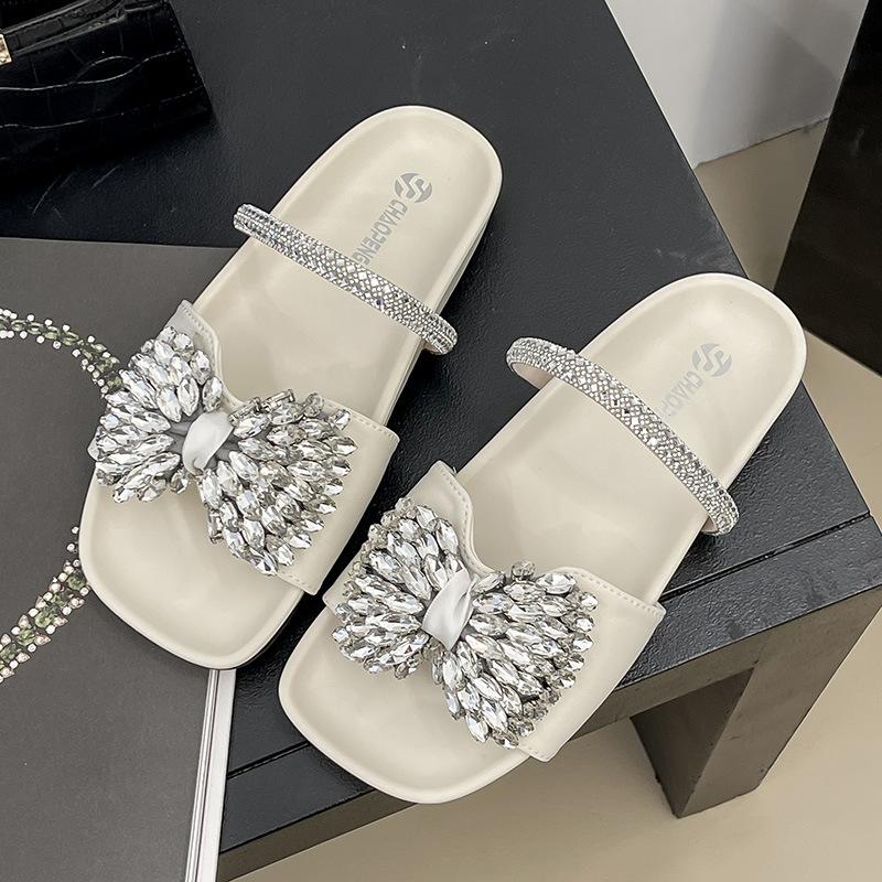 2025 New European Flat-bottomed Bow Rhinestone Slippers Women's Cross with Satin Open-toed Fashion Outer Slippers