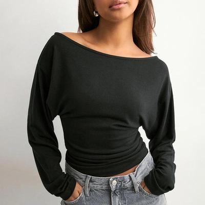 Y25TP365 Women's One-Shoulder Batwing Sleeve Waist-Cinched Solid Color Autumn Pullover Top