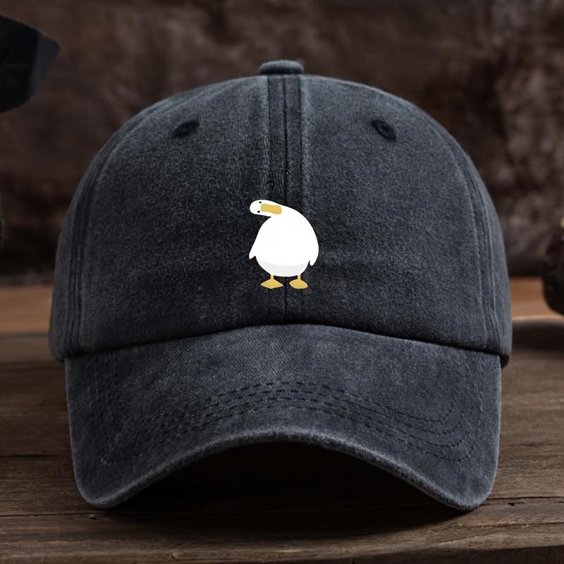 Cute duck print baseball cap with adjustable snap button, breathable fabric, outdoor casual headpiece