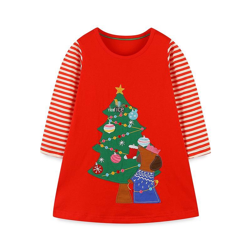 European and American Style Autumn Girls' Cute Christmas Tree Patchwork Dress, Long for Small To Medium Children
