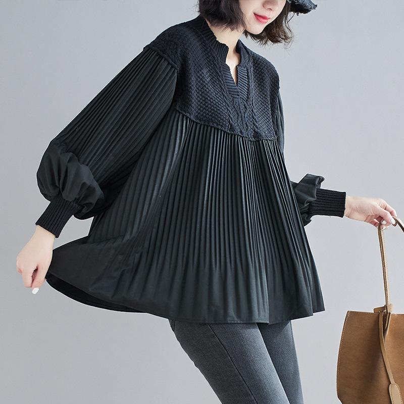 Plus Size Women Lantern Sleeve Pleated Patchwork Sweater Spring Autumn Loose Casual Knitted V-neck Shirt Oversized Tops