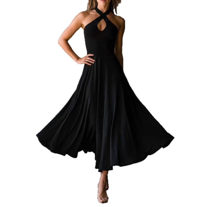 Retro Elegant Black Keyhole Backless Halter Neck A-line Long Dress for Women