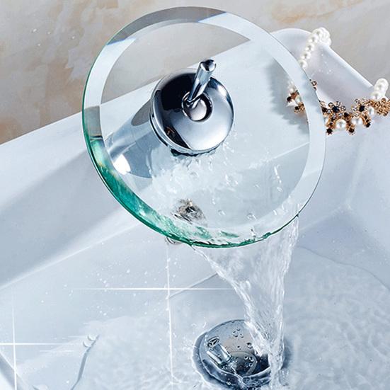 Waterfall Bathroom Sink Faucet 1 Handle Single Hole Glass Basin Tap Water Switch