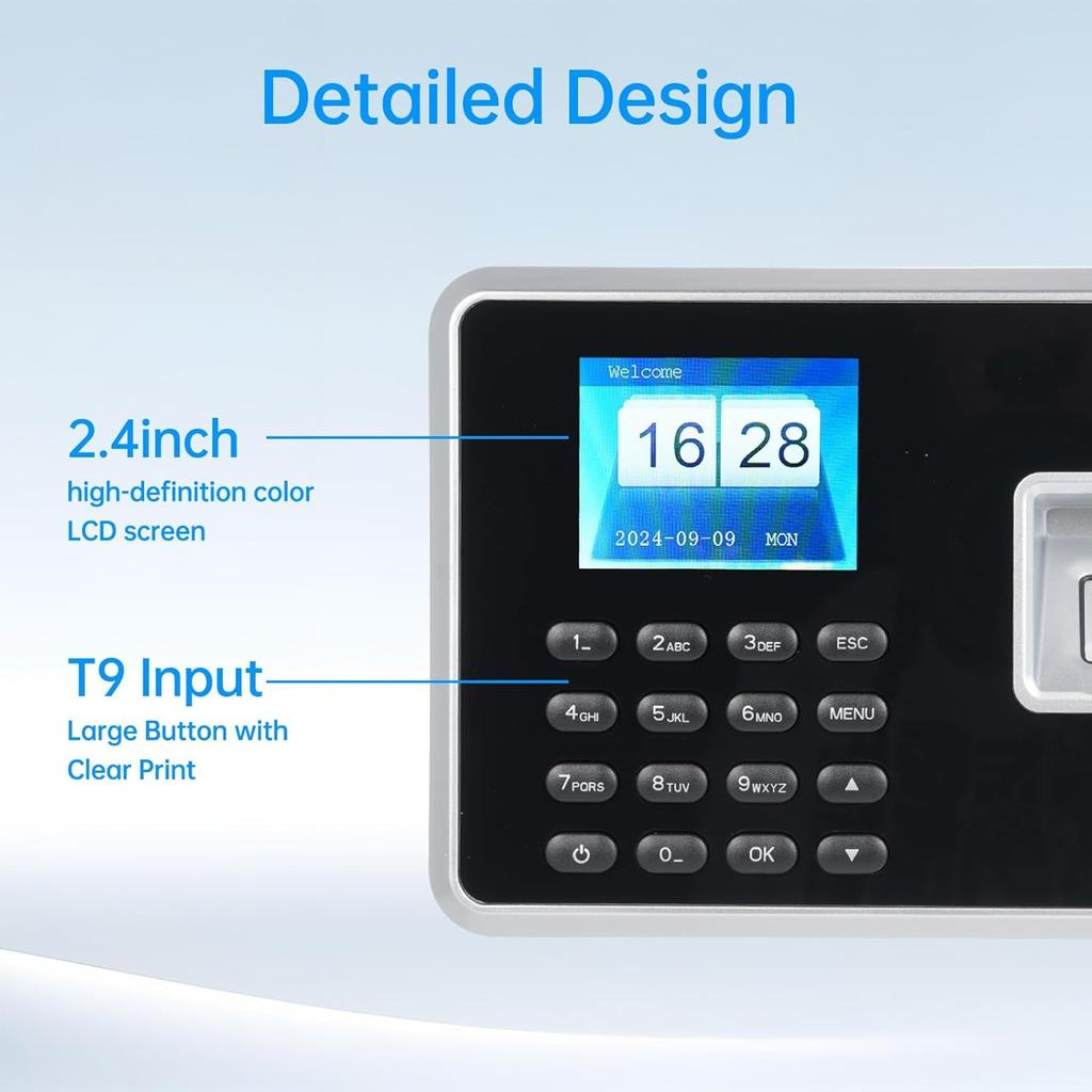 Biometric Time Clock Attendance Machine for Employees Support 1000pcs Fingerprint/Password/ID Card Recognition 5 Languages System USB Port Data
