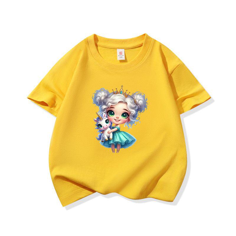 Kids Cotton T Shirt Crowned Princess Girl With Pastel Unicorn Print Crew Neck Short Sleeve Tee Casual Boys Girls Summer Tops
