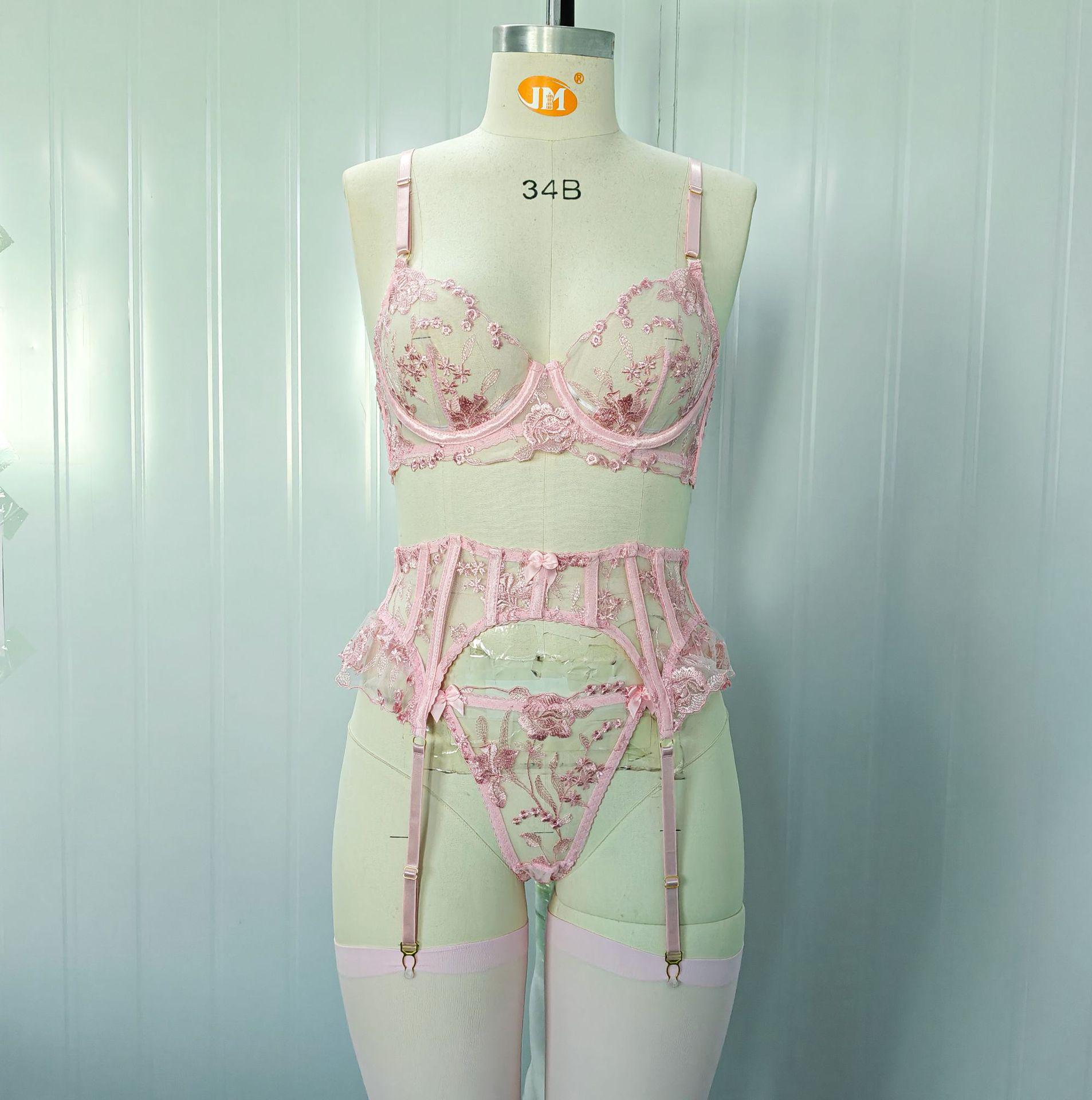 Европейский розовый цветочный вышитый подвязка и бант комплект бюстгальтера S розовый