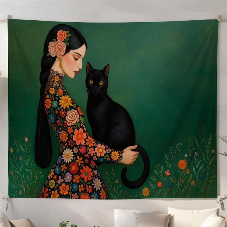 Flower Girl and Black Cat tapestry 75x100 чёрный